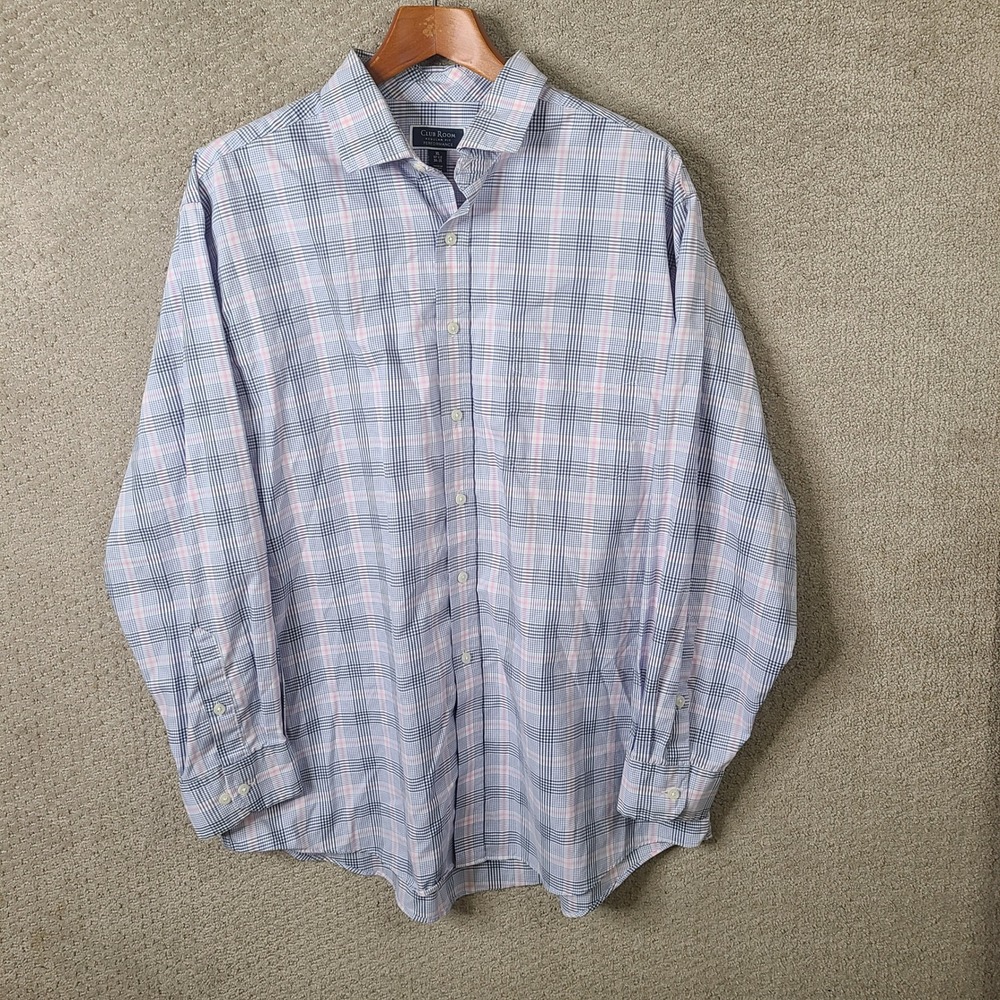 Club Room Shirt Mens XL Blue Pink Plaid Regular Fit Performance Button Up Cotton